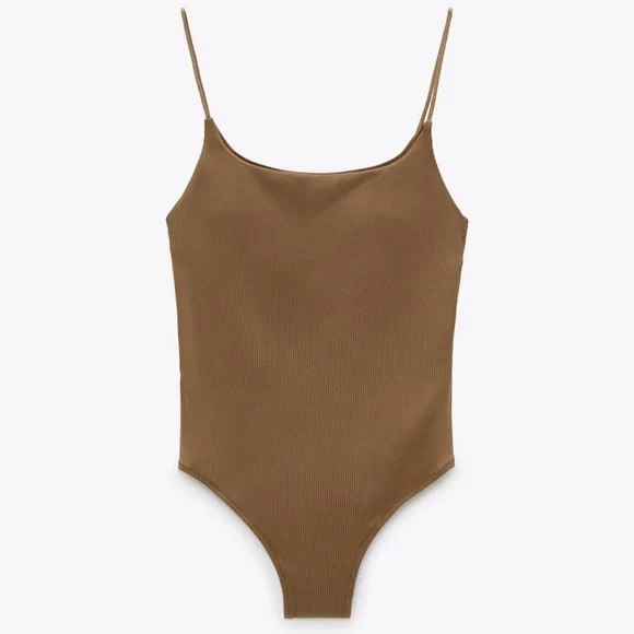 {Zara} Brand New Brown Ribbed One Piece. - Picture 1 of 9